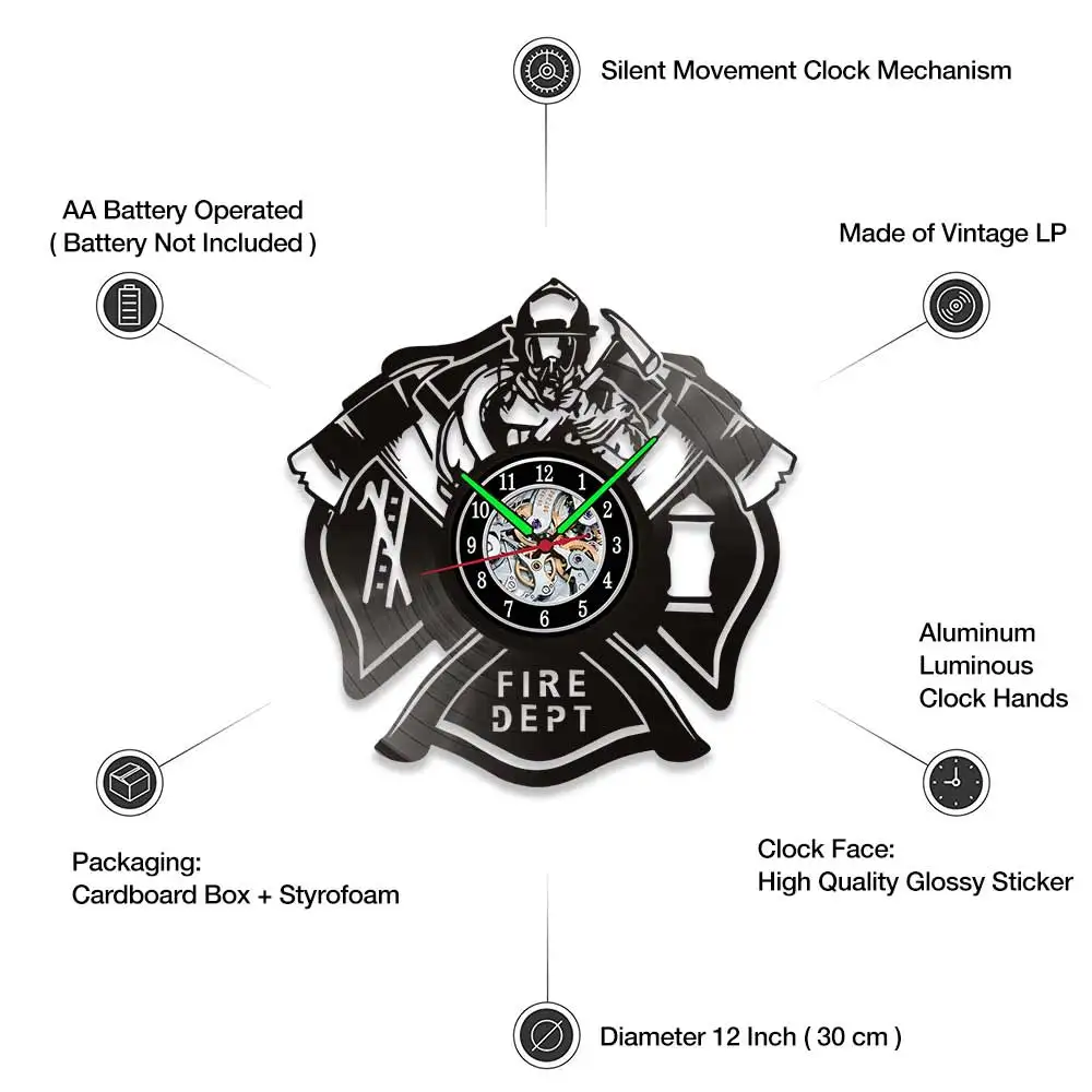 MCDFL Fire Department Vinyl Record Wall Clock Modern Watch Geek Mural Kitchen Decoration Industrial Stickers Rustic Home Decor