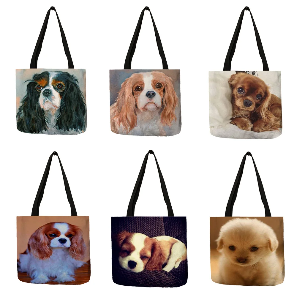 Unique Fashion Charles Spaniel Dog Print Tote Bag Handbags For Women Lady Durable Shoulder Shopping Bags Large Capacity