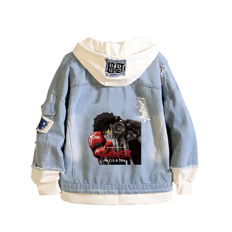 Anime MEGALOBOX Coat Teens cowboy Jacket Men Women Casual Denim Hooded Loose coat Hooded Frayed Ripped Hole Jean Jacket