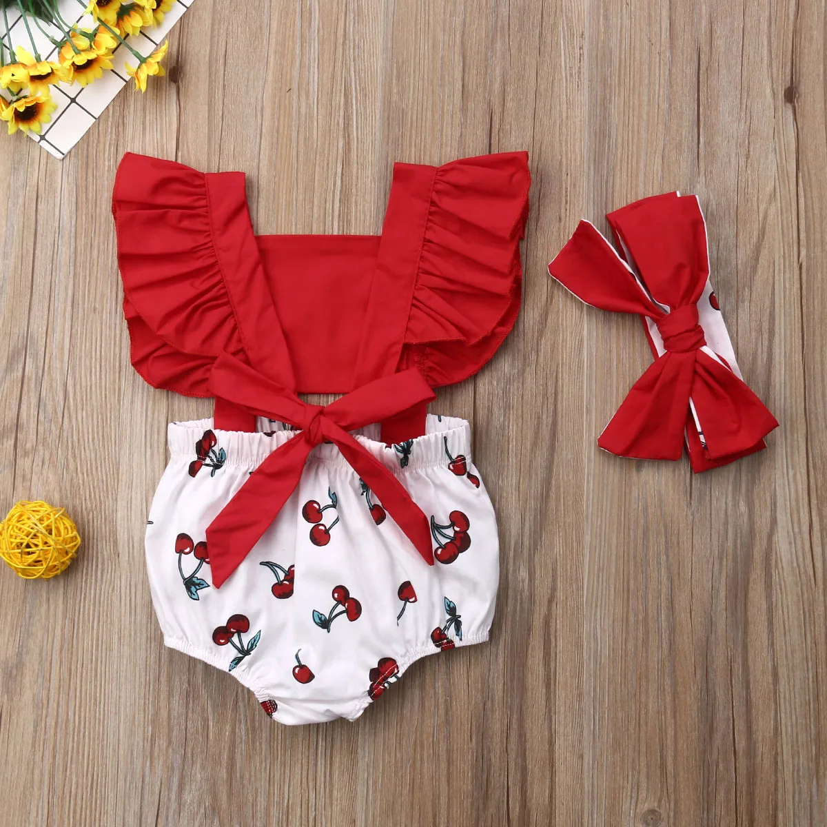 Baby Girl Summer Clothes Set Backless Cherry Romper +Headband Ruffle Big Bow Newborn Toddler baby girl Patchwork clothes Outfits