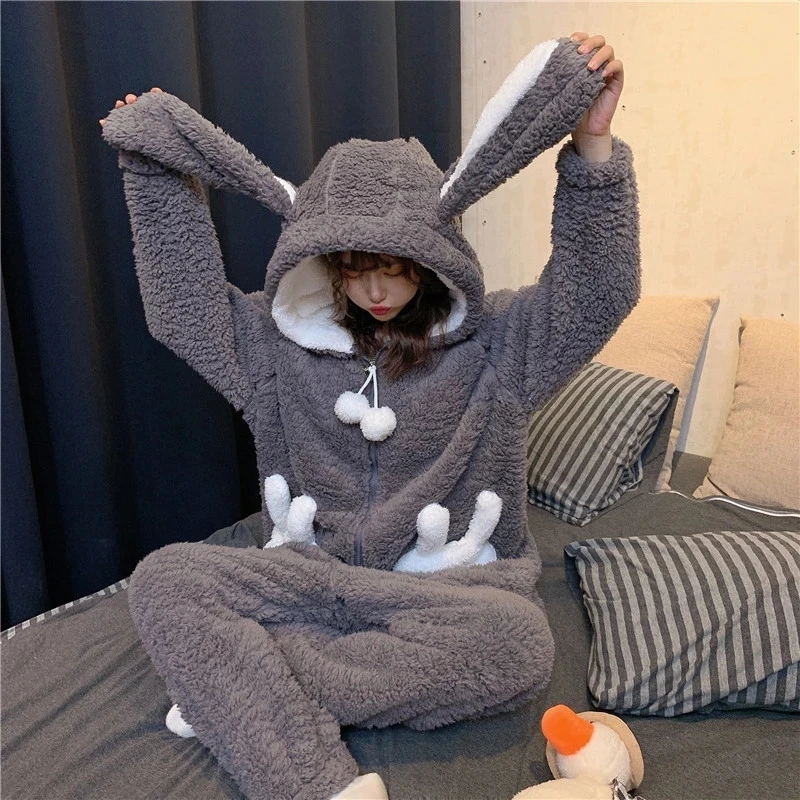 Cute Flannel Stitch Pajamas Winter Plus Velvet Warm Onesie Women\'s Sleepwear Unisex Rabbit Loose Thick Plush Hooded Homewear