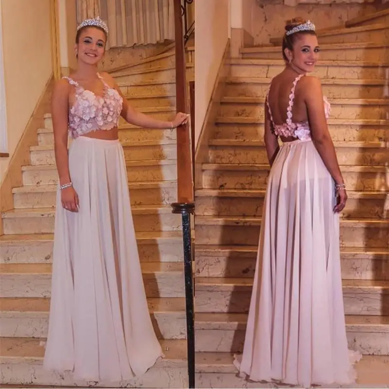 Two Piece Prom Dresses A Line Chiffon Women Evening Party Gowns Hand Made Flowers Long Pink Robe De Soiree