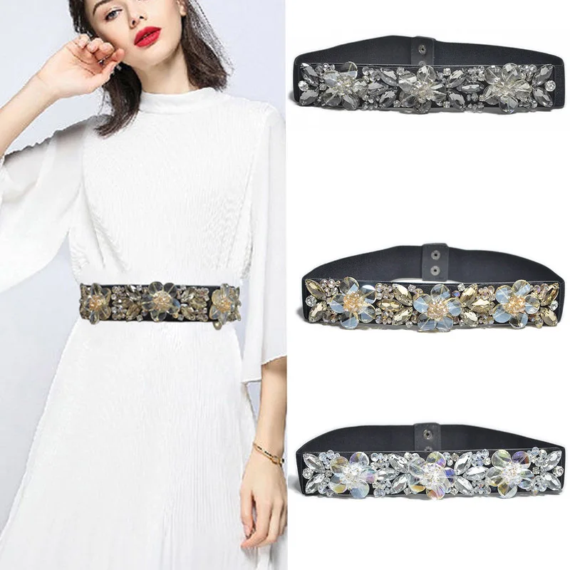 

Fashion Super Shine Black Rhinestone Lady Belt Bling Crystal Flower Women Elastic Belts Female Crystal Ceinture for Dress