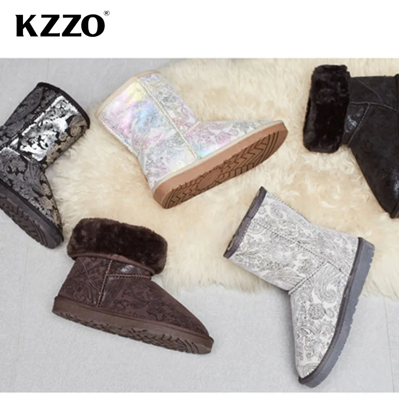 KZZO High Quality Australia Classic Genuine Leather Women Snow Boots Natural Wool Fur Lined Short Winter Warm Shoes Non-slip