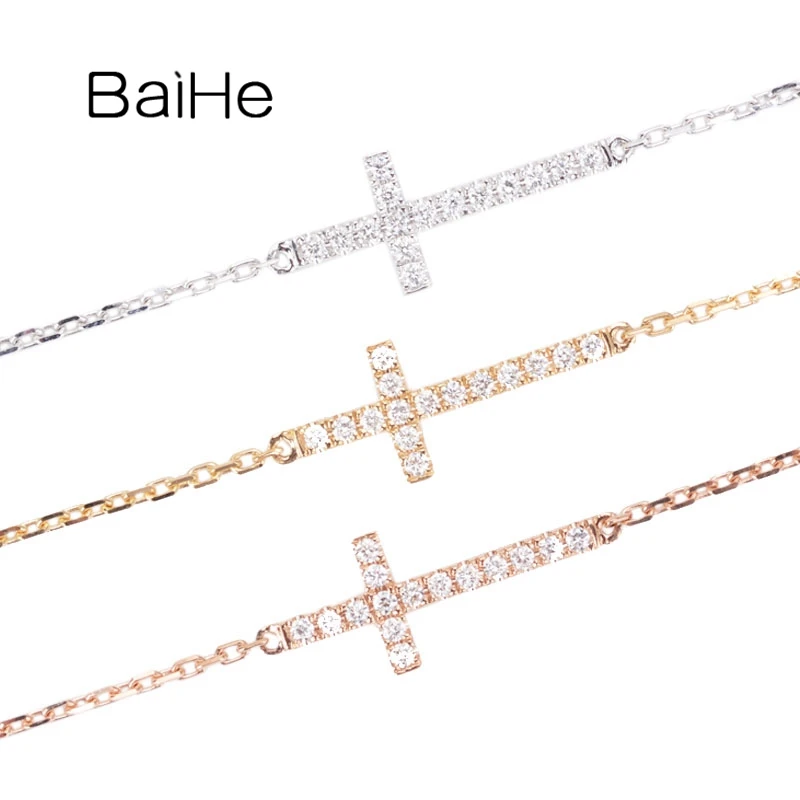 

BAIHE Solid 18K White/Yellow/Rose Gold Natural Diamond Cross Bracelet Women Men Gift Trendy Fine Jewelry Making Pulsera Cruz