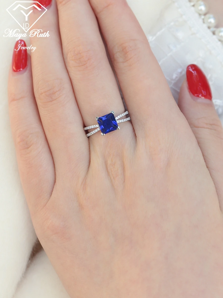 Created Sapphire Square Ring Real 925 Sterling Silver Cushion Cut Marvel Design Party Cocktail Vintage For Women Retro Unique