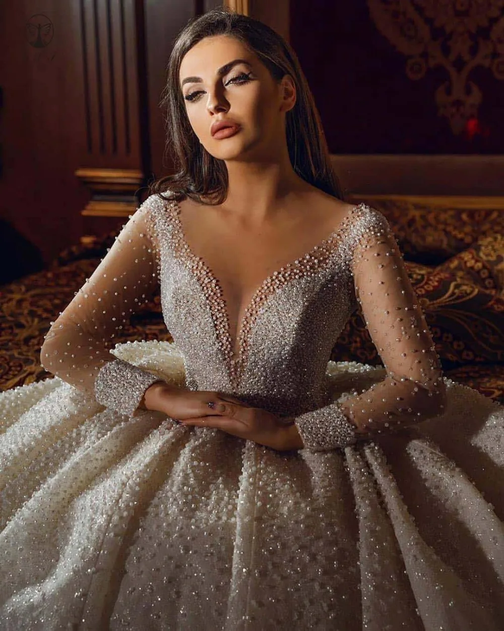 

2023 Luxury Sheer Illusion Neck Ball Gown Pearls Beading Wedding Dress Long Sleeves Lace Plus Size Arabic Bridal Dresses Mariee