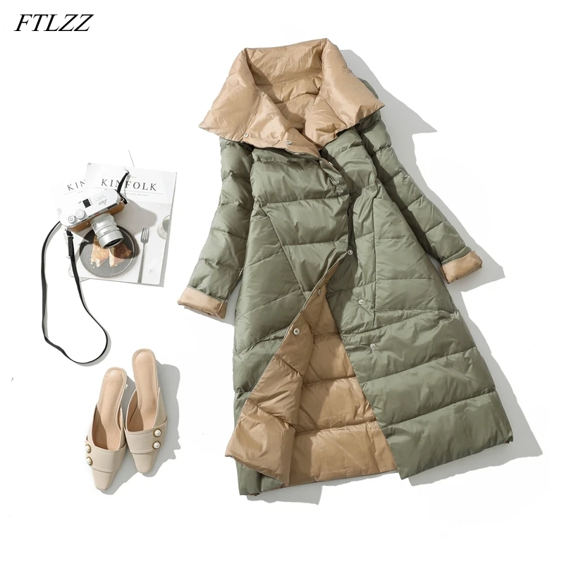 FTLZZ Winter New Women Stand Collar White Duck Down Long Jacket Double Breasted Warm Snow Parkas Double Sided Down Coatovet