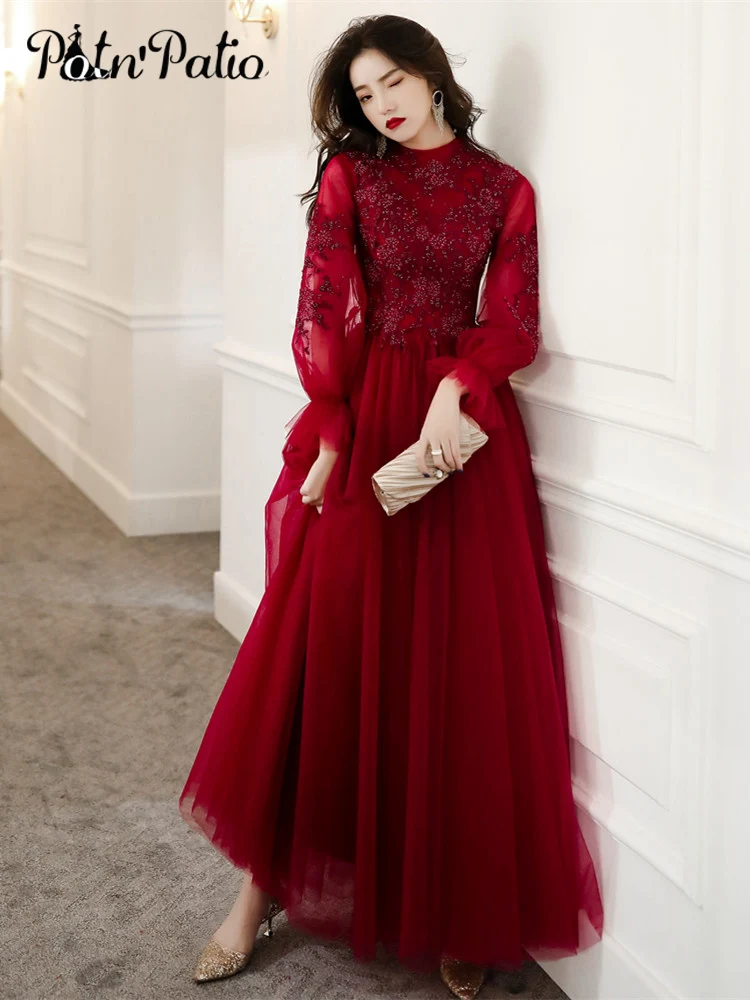 Wine Red Modest Evening Dresses With Long Sleeve Beaded Appliques A-line Floor-length Tulle Long Formal Gowns For Women