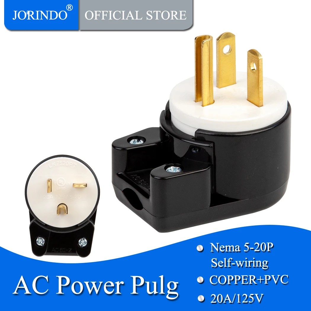 JORINDO NEMA 5-20PT American standard self-connecting plug,20A125V American industrial-grade male self-wiring 3pin,Curved design