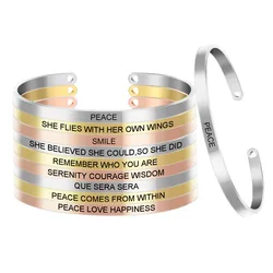 Aangepaste 316L Rvs 4.0Mm Band Bangle Gegraveerde Positieve Inspirerend Citaat Manchet Armband Mantra Armband Voor Vrouwen