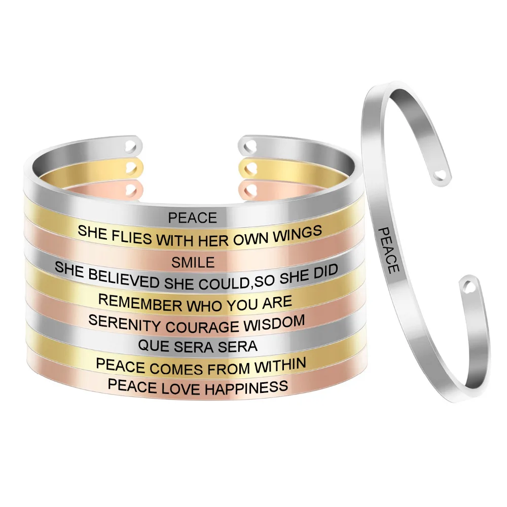 Customized 316L Stainless Steel 4.0mm Band Bangle Engraved Positive Inspirational Quote Cuff bracelet Mantra Bracelet for Women