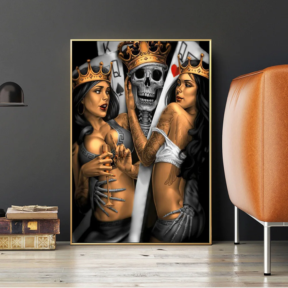 Skull King And Queen Cards Art Posters And Prints Poker Girl Canvas Wall Painting For Living Room Home Decor Mural Pictures