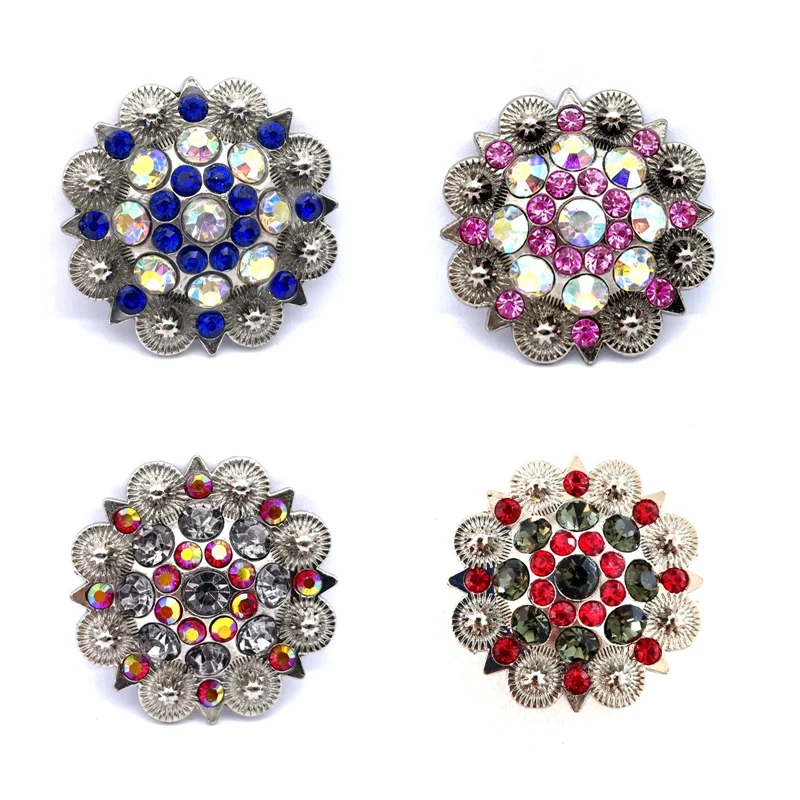 Conchos occidentales de flores de Metal, accesorios de cinturón de decoración de diamantes de imitación Multicolor, blanco y azul, venta al por