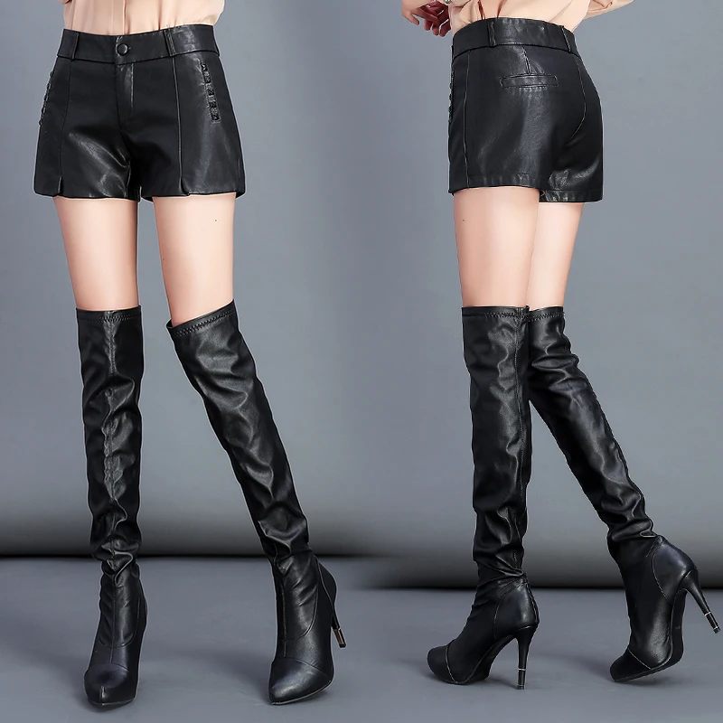 2020 new autumn and winter pu leather shorts high waist ladies casual shorts slim locomotive leather jacket spring women's cloth