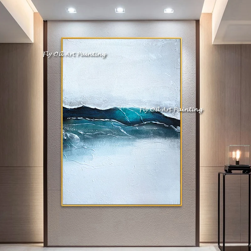 100% Hand‑Painted Mark Rothko Style Landscape Wall Art, Impasto Teal Ocean Canvas Painting, Heavy Textured Nordic Home Decor