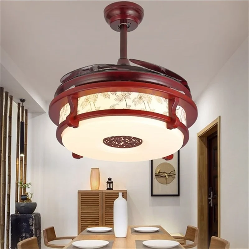 OUFULA Ceiling Fan Light Invisible Red Lamp With Remote Control Modern LED For Home Living Room