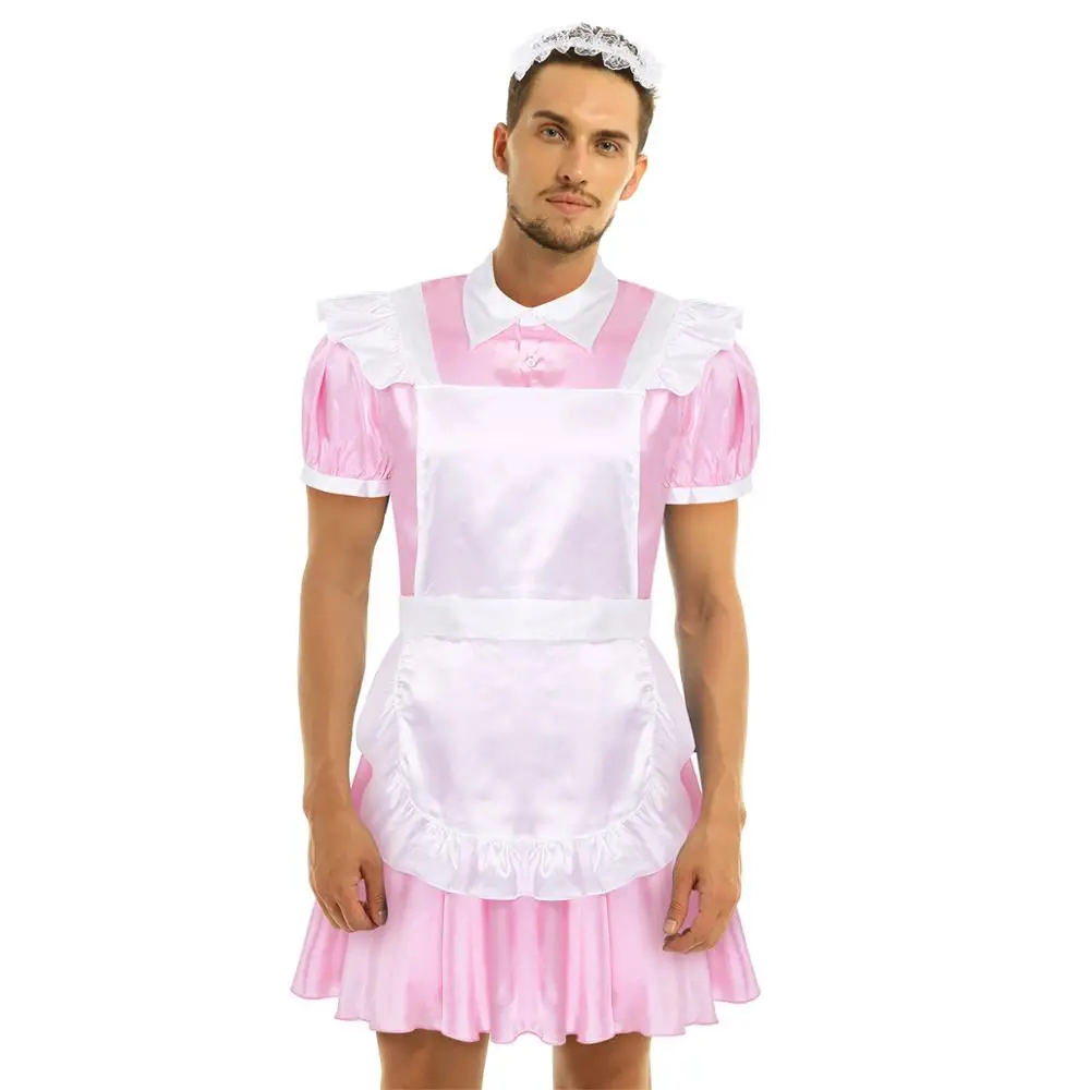 Männer Sissy Maid Cosplay Kostüm Outfit Crossdressing Maid Kleid Mit Schürze Stirnband Sexy Maid Uniform Karneval Roleplay Kostüm