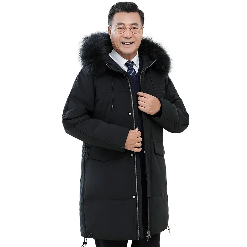 Men Winter Duck Down Jacket Hooded Removable Fox Fur Collar Streetwear Long Black Multi-Pockets Thickening Middle-Old-Age Coat