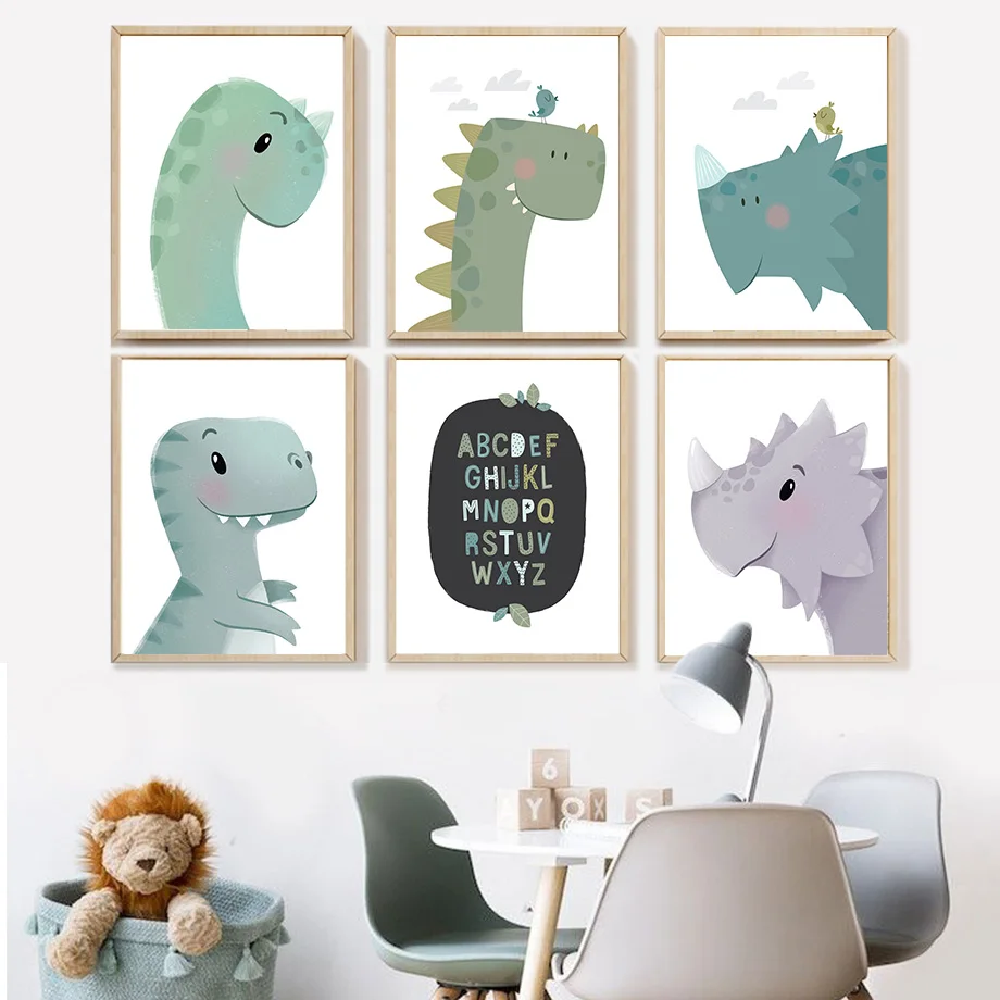 Nordic Cartoon Dinosaur Alphabet Canvas Painting Posters and Prints Canvas Wall Art Paintings Nursery Decor for Kid Baby Bedroom