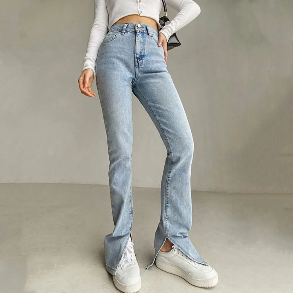 

High-waisted Two Buttons Jeans Trousers Women Skinny Pants Mopping Trousers Slit Casual Showing Thin Hip Lift Straight Jeans