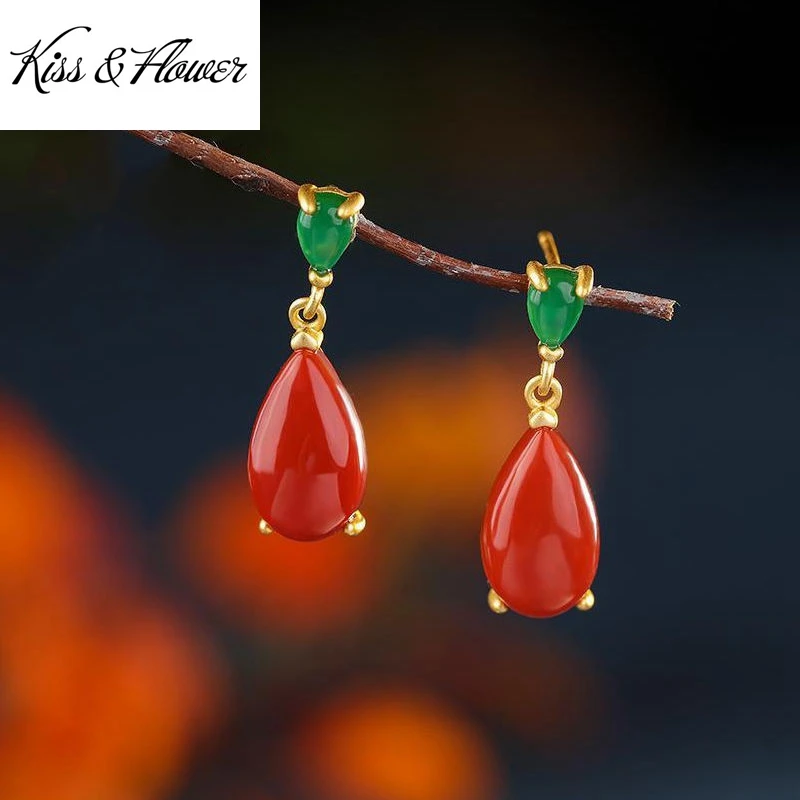 

KISS&FLOWER ER132 Fine Jewelry Wholesale Fashion Woman Girl Bride Birthday Wedding Gift Water Drop Agate 24KT Gold Stud Earrings