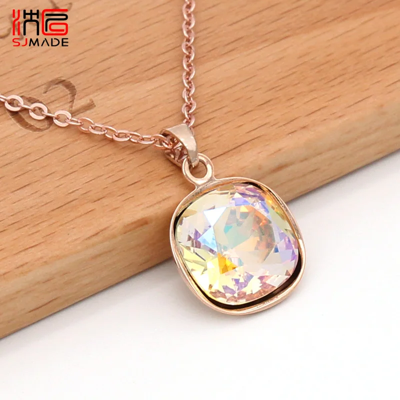 SHENJIANG New Trendy Square Crystal Pendant Necklace For Women Girls 585 Rose Gold Color Wedding Party Fashion Jewelry
