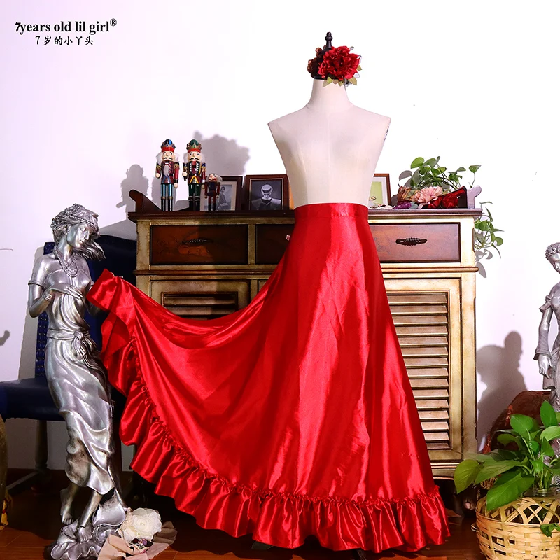 Danse du ventre Tribal à volants Flamenco brillant longue jupe gitane en Satin espagnol de 25 yards FH17