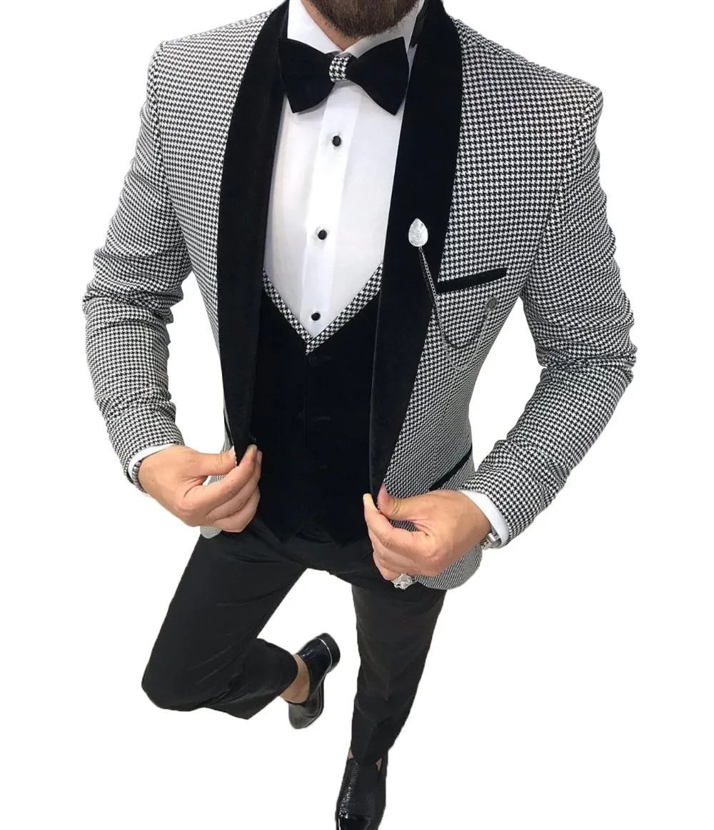 

3 Pieces Mens Suits Slim Fit Business Retro Classic Houndst Groom Tweed Tuxedos for Wedding (Blazer+Pants+Vest)