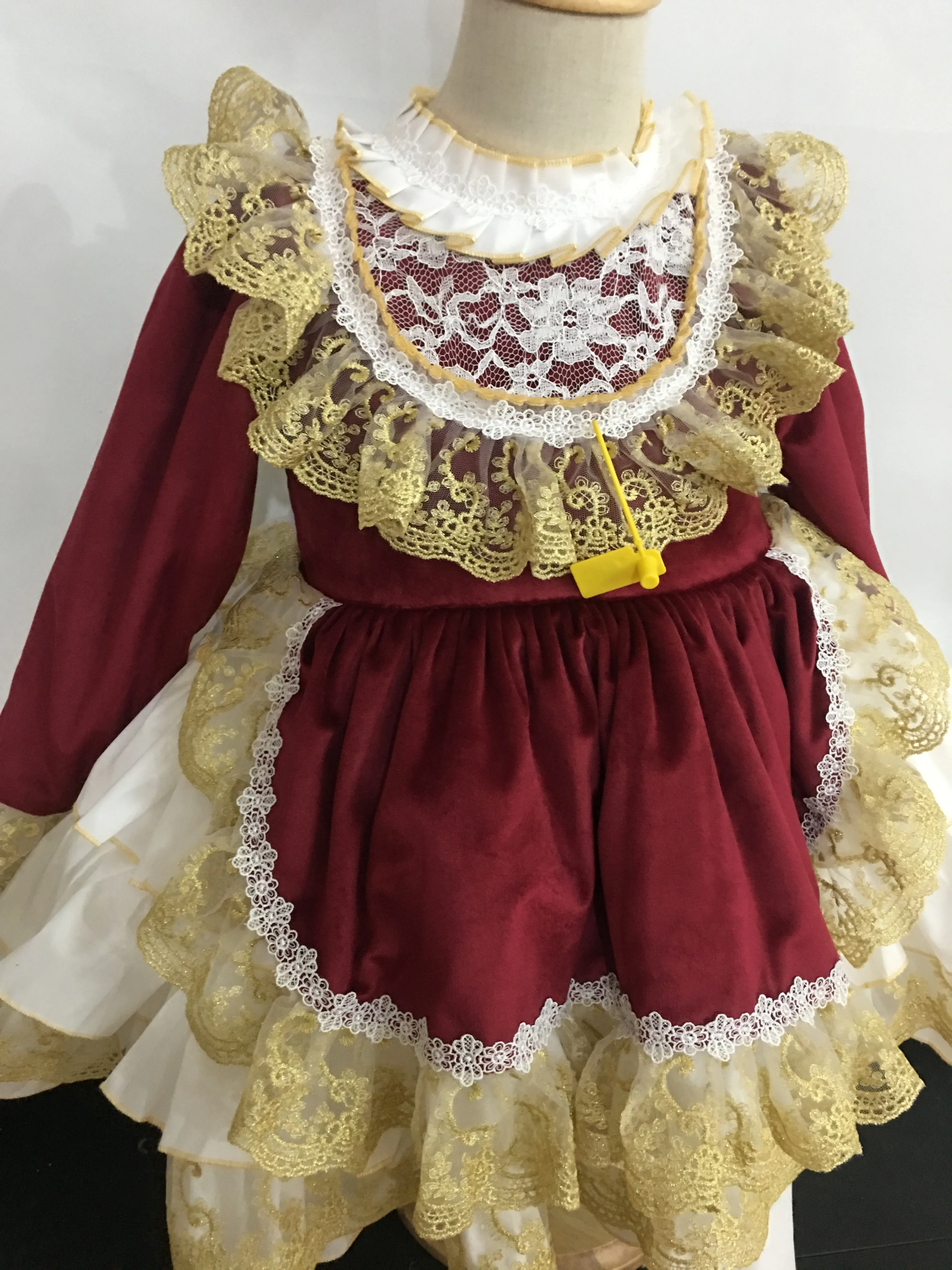 Spanish court  style baby girl velvet princess kids lace stitching party birthday ball gown dress