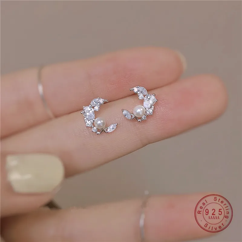 

925 Sterling Silver Vintage French Crystal Pearl Moon Plating 14k Gold Earrings Women Fashion Charm Anniversary Gift Jewelry