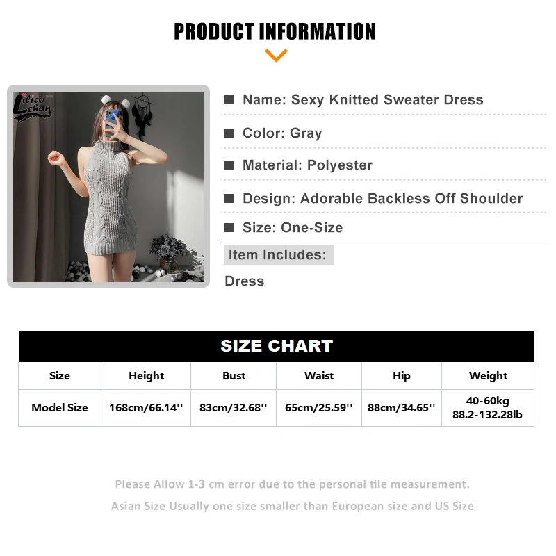 Cute Knitted Women Sexy Sweater Dress Japanese Backless Long Virgin Killer Turtleneck Sleeveless Gray Pullover Anime Style New image 6