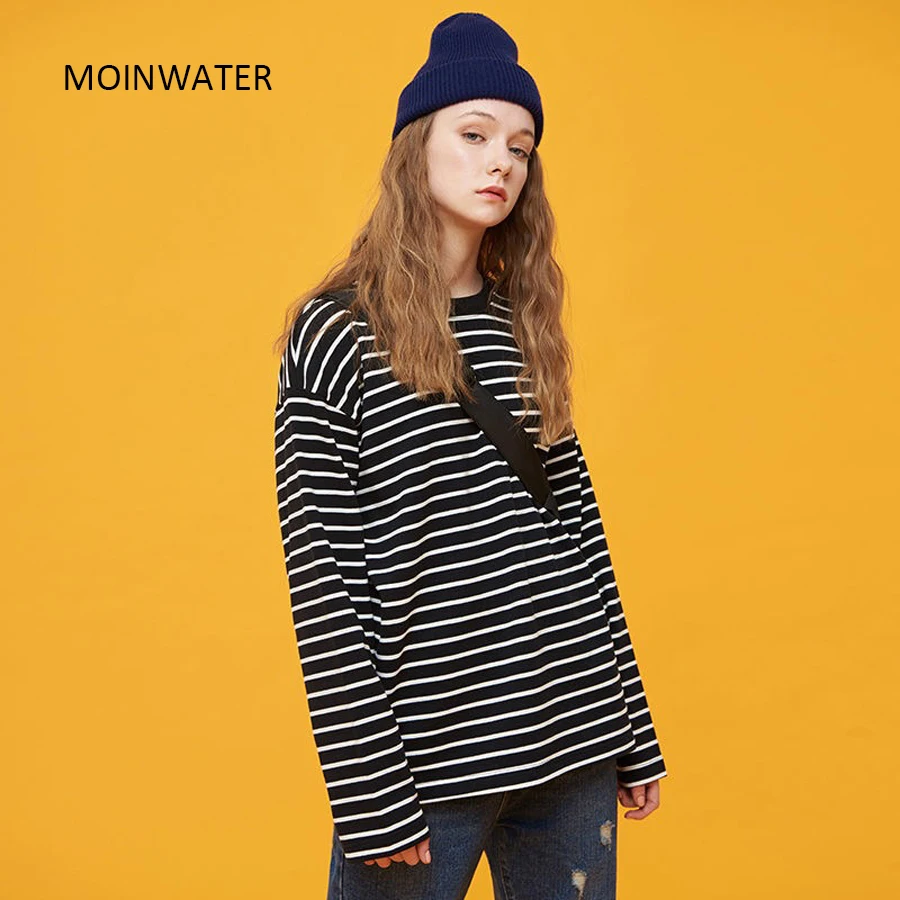 MOINWATER Women New Long Sleeve T shirts Lady White Black Striped Casual Cotton Tees Female Spring Tops MLT2108