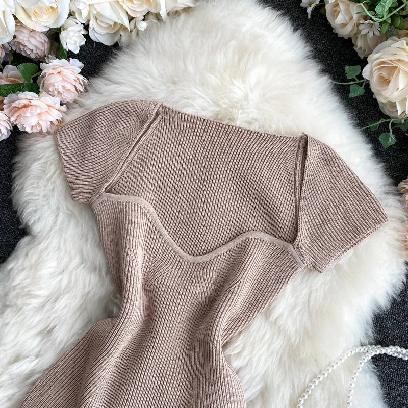Women V-neck Knitted Short Sleeve Draw String T-shirts Crop Tops Girls Knitting Stretchy Cropped Sheath Tee Shirts For Female