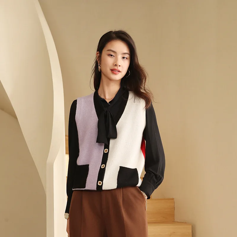 high-end 100% cashmere cardigan with pocket for women knitted sleeveless patchwork designs winter knitwear