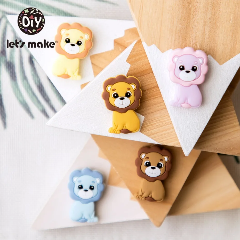 Let\'s Make 5pc Baby Silicone Teether Beads Cartoon Lion Teething Toys Baby Diy Accessories Shower Gifts Baby Teether