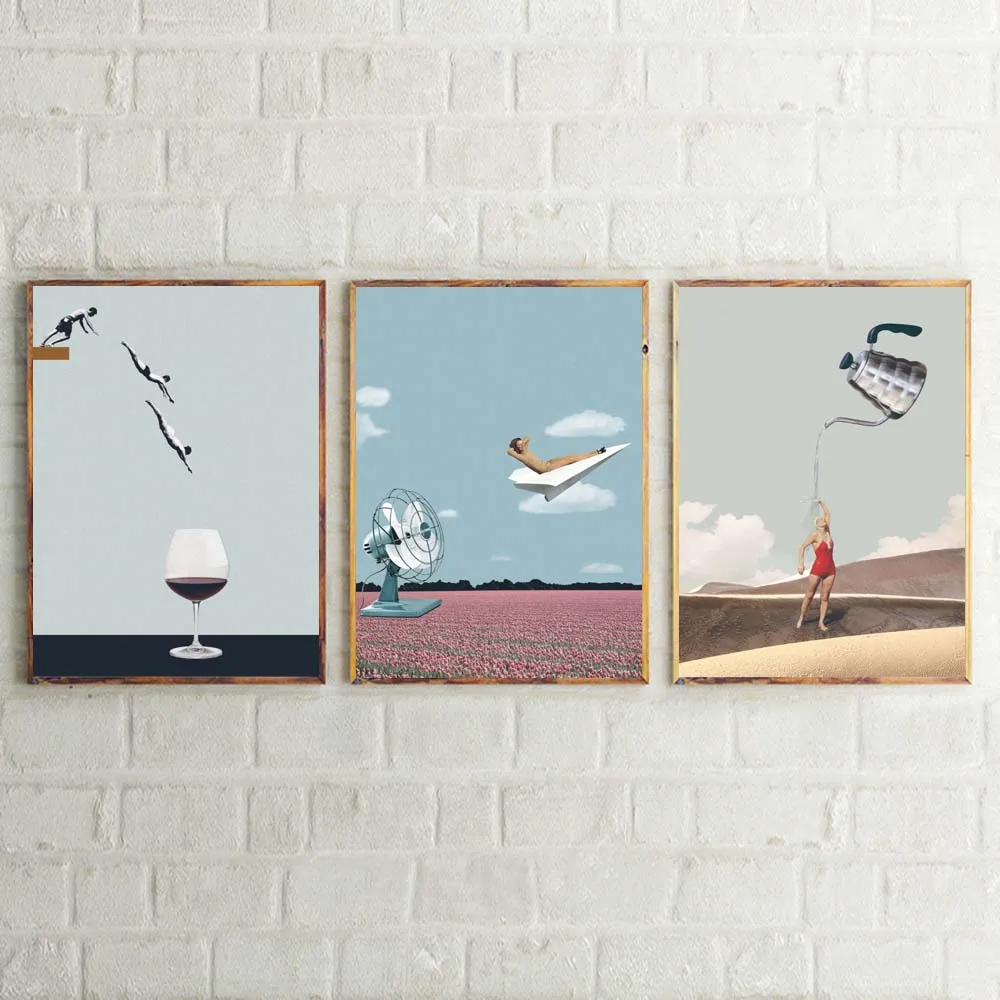 Surrealism Style Wall Art Canvas Decorative Paintings Goblet Wall Pictures Vintage Wall Paining Metal Organic Glass Framed