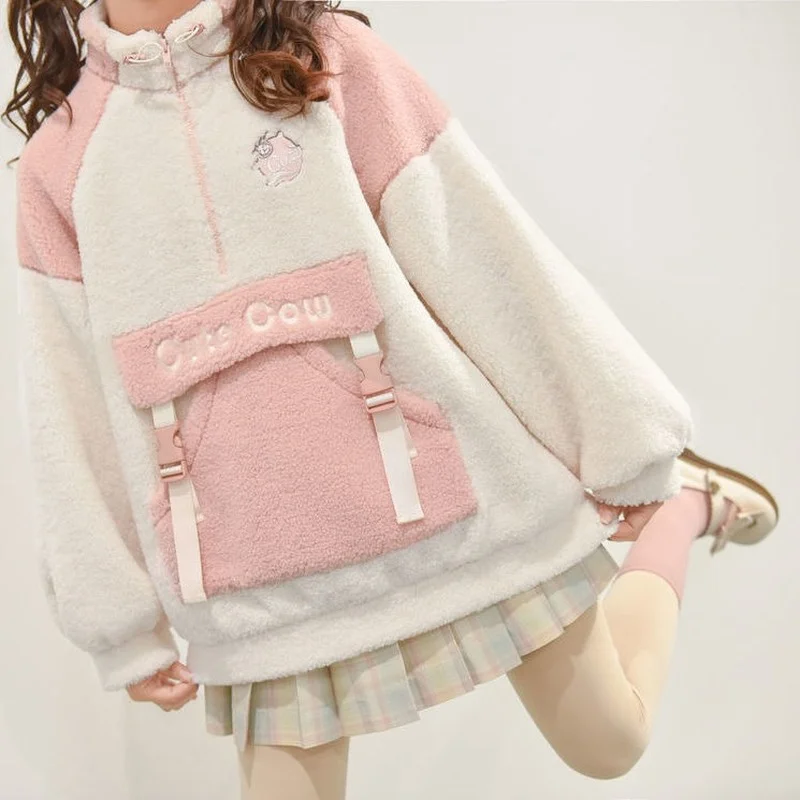 Kawaii Plush Sweatshirts Soft Hoodies 2023 Autumn Fleece Long Sleeve Tops Embroidery Hoodies Japanese Girl Winter Clothes Women