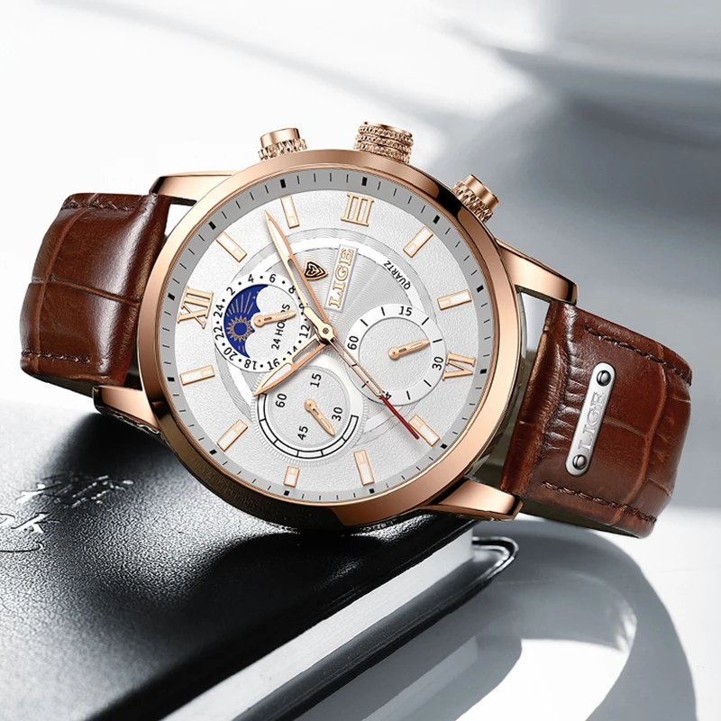 2022 LIGE Watches Mens Top Brand Luxury Clock Casual Leathe 24Hour Moon Phase Men Watch Sports Waterproof Quartz Chronograph+Box