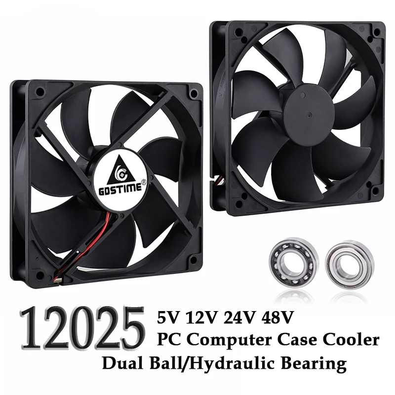 Gdstime-12025 5V 12V 24V 48V CPU PC 컴퓨터 케이스 팬, 120x120x25mm 2 핀 3 핀 12cm 노트북 GPU 120mm DC 냉각 팬 볼/슬리브 