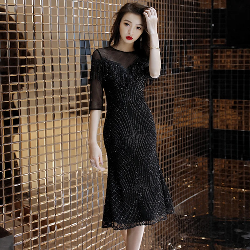 

Sequined fishtail evening dress women 2020 new banquet evening dress black thin dress party small dress cocktail evening dress