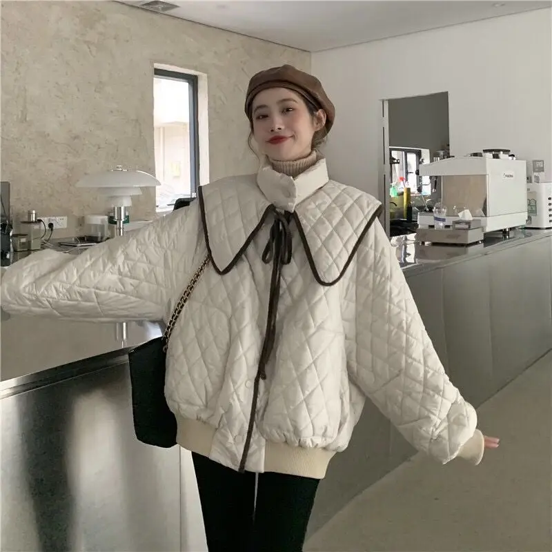 Winter Warm Cotton Jacket Woman Fashion Sweet Elegant French Niche Style Peter Pan Collar Retro Gentle Fairy Down Padded Jackets