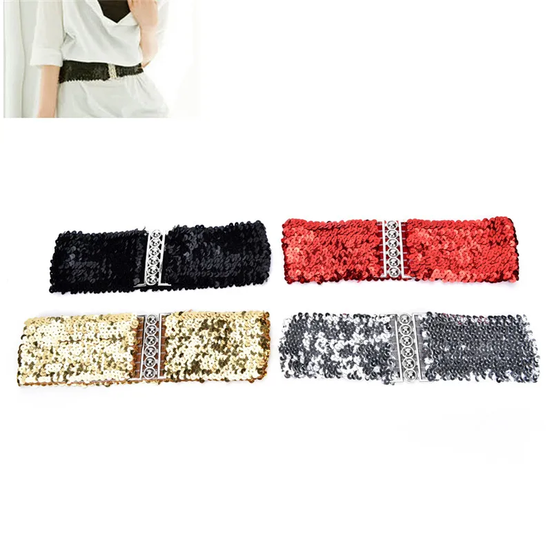 1pc Free Size Shinny Wide Stretch Belt Women Cummerbund High Fashion Metallic Sequin Women Dress Belts  /Black/