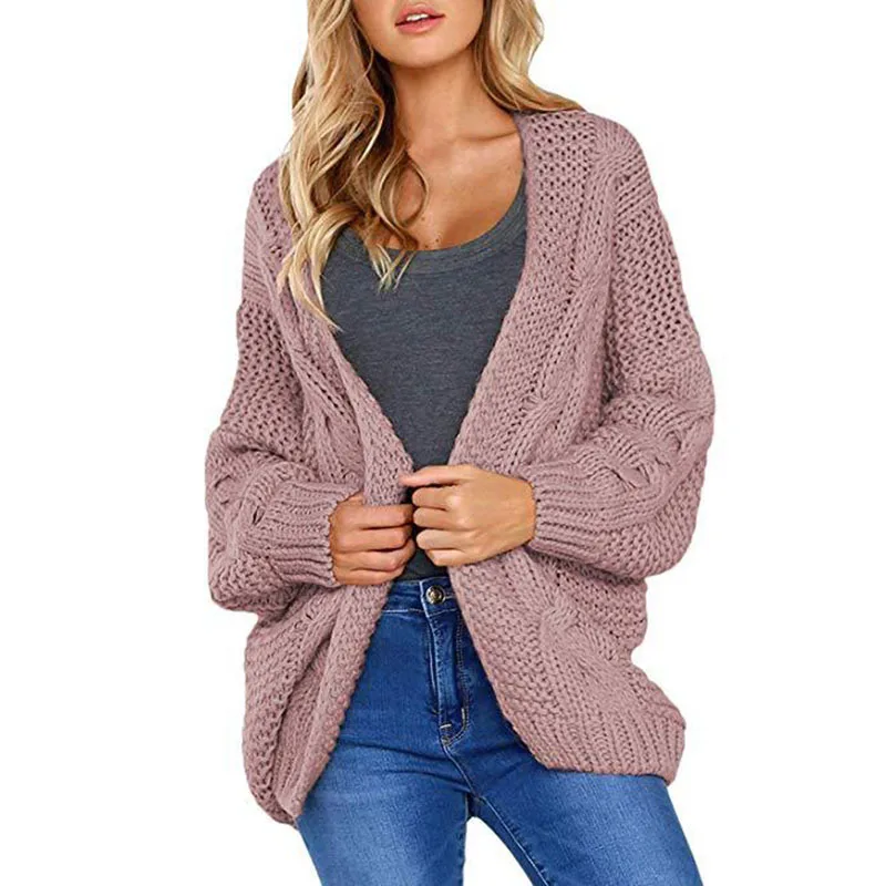 

PEONFLY Solid Casual Oversize Warm Knitted Cardigan Women 2022 Autumn New Long Sleeve Knitwear Winter Women Sweater Pink