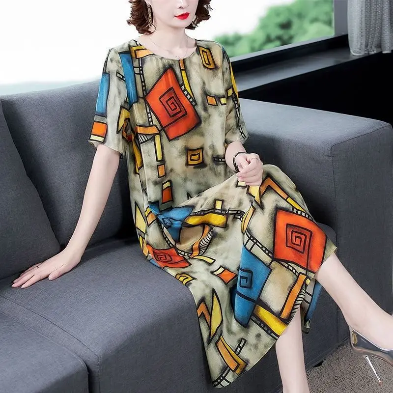 Dress 2024 Summer New Style Printed Silk Women's Large Size Loose Mother Dress Woman Dress Vestido De Mujer Femme Robe