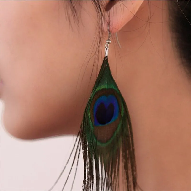 1pair Fashion New Style Assorted Color Peacock Natural Feather Earrings Drop Earrings