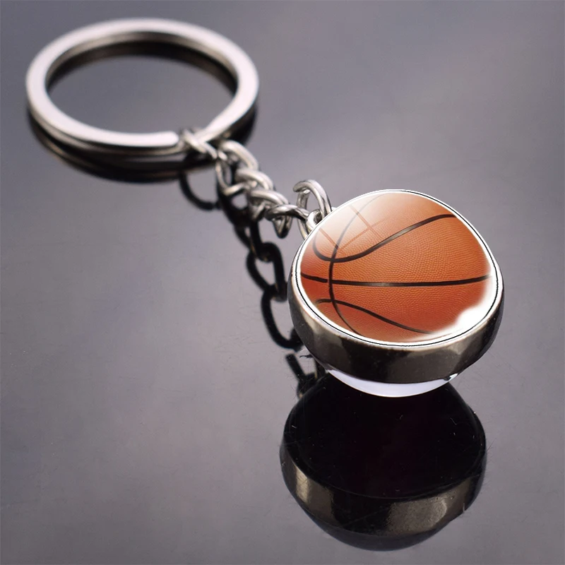 Sports Ball Key Chain Football Baseball Basketball Volleyball Double Side Keychain Glass Ball Trinket Pendant Keyring