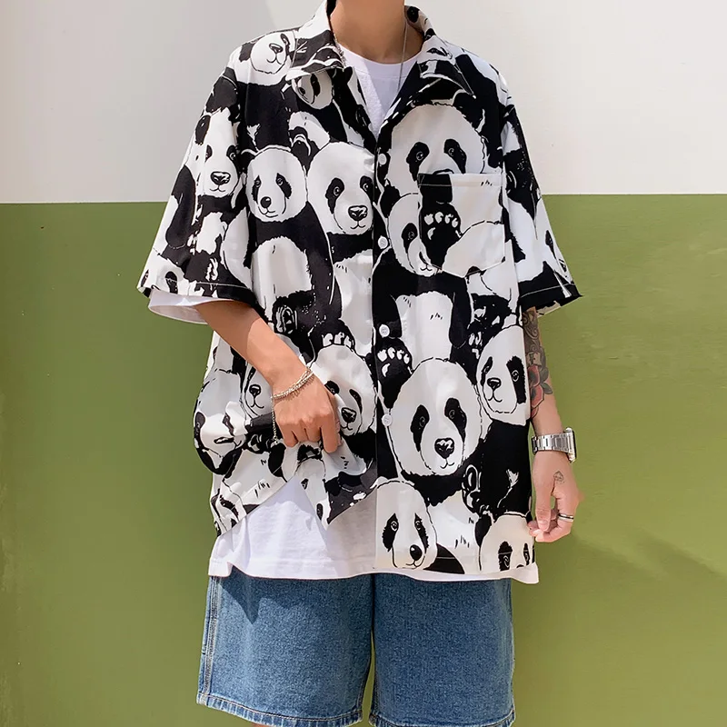 

2021 Summer Men's Shirts Fashion Streetwear Printed Panda Shirts Men Casual Men Clothing Chic Tops Short Sleeve Shirts Men