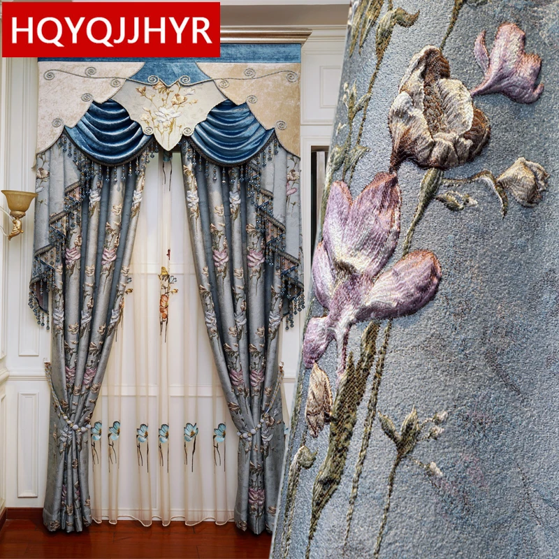 

4D embossed jacquard full blackout luxury curtains for Living Room high quality blue elegant curtain for Bedroom hotel apartment