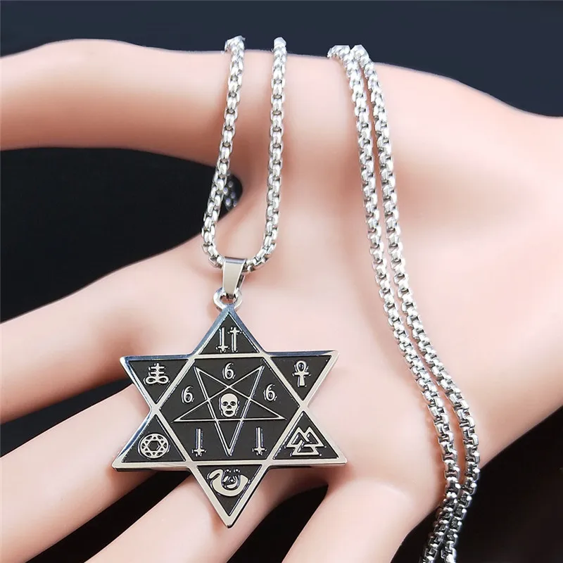 666 Satan Skull Hexagram Stainless Steel Necklaces Black Silver Color Inverted Pentagram Necklace Jewelry bijoux N2748S03